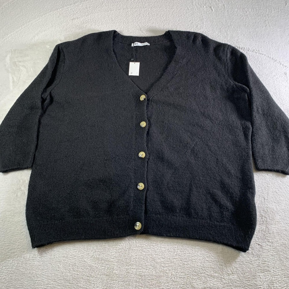 Zara‎ Cardigan Sweater Womens Large Black V Neck Knit Long Sleeve Oversized NEW
